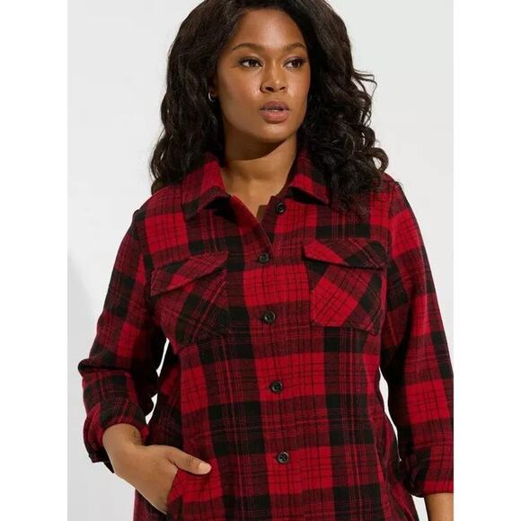 Torrid Plaid Brushed Cotton Flannel Shacket Womens Size 2 Red Black Plus Size E - Picture 6 of 8